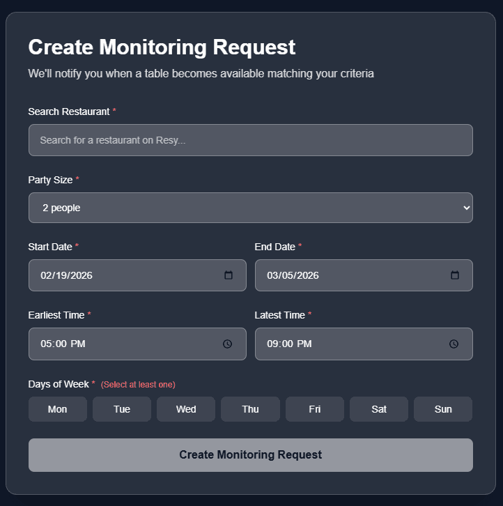 Create monitoring request form showing restaurant search and date/time selection